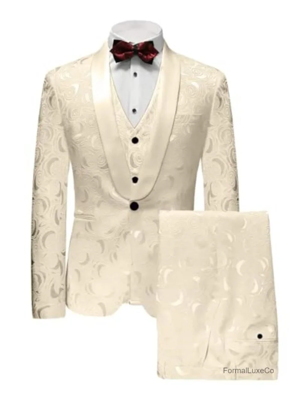 Men's 3-Piece Slim Fit Suit Set with Jacquard Shawl Lapel, Vest & Trousers